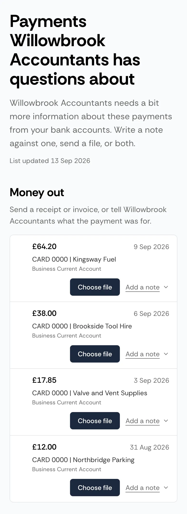 A client's list of payments on a phone, each with a button to send a receipt and a button to add a note