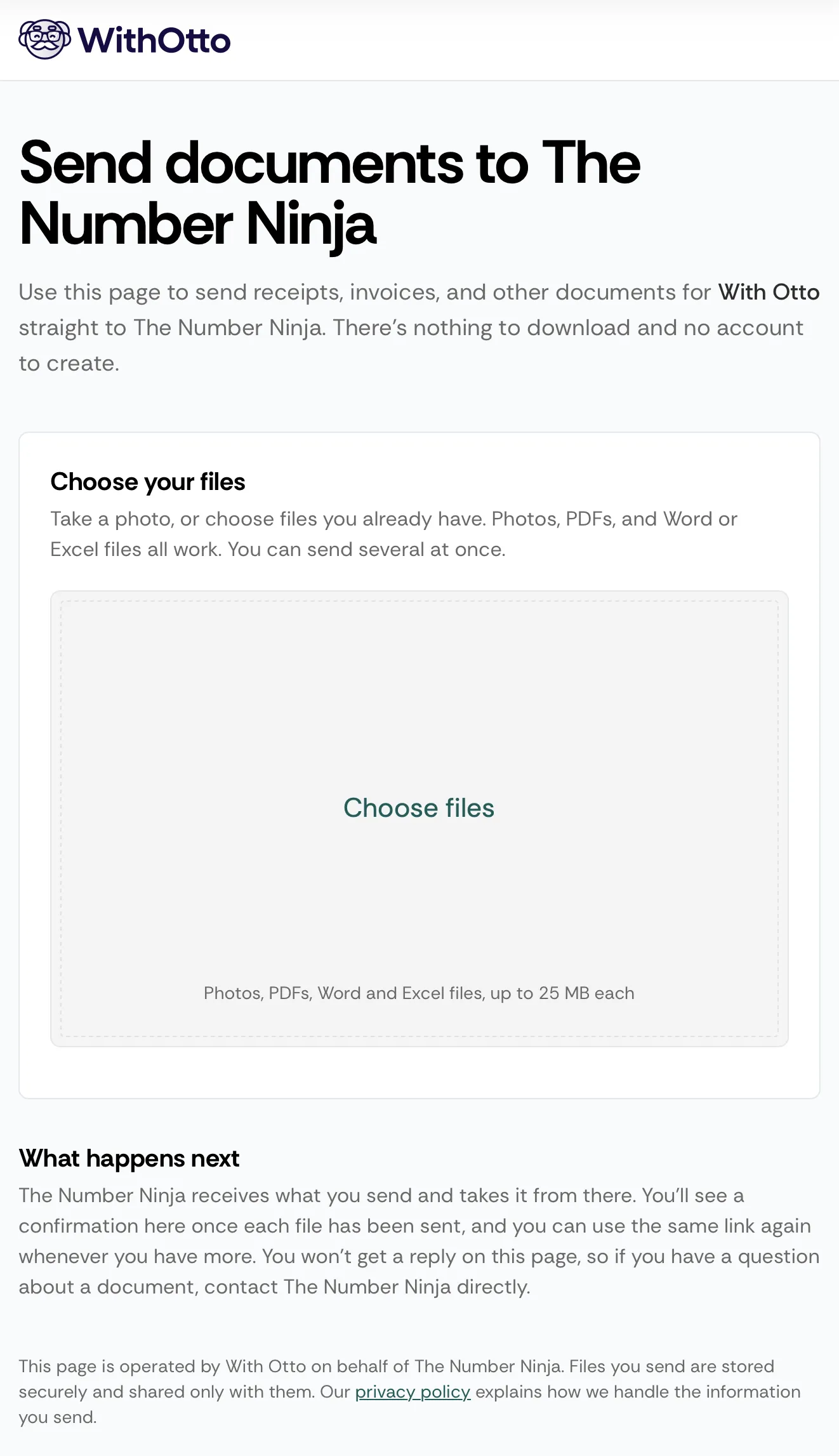 A client's submission page on a phone, headed 'Send documents to The Number Ninja', with an area to choose files and a short note explaining what happens after they are sent