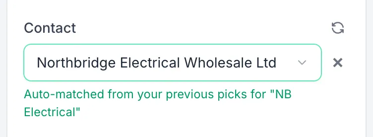 The contact field on a bill, auto-matched to the Xero contact picked for this supplier name before