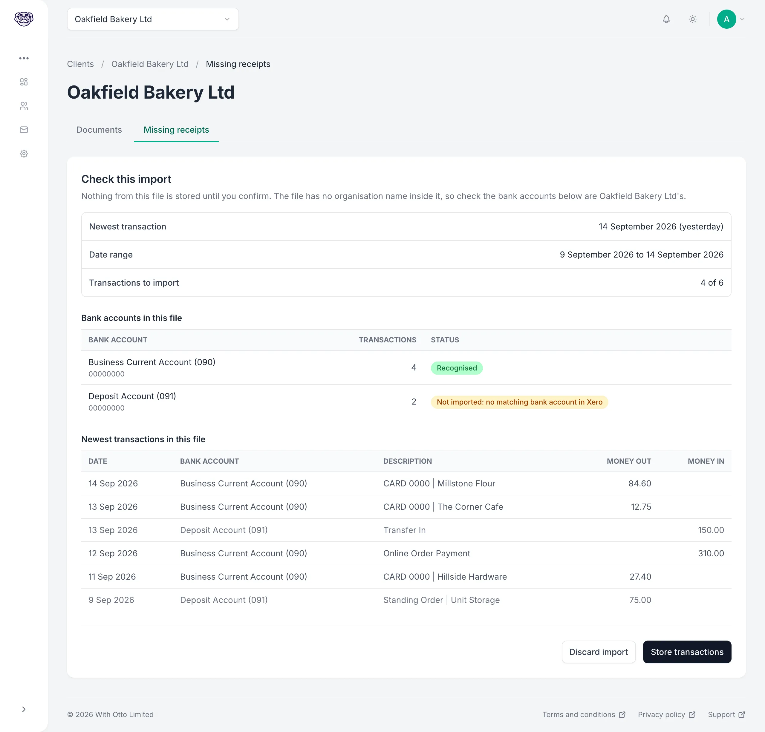 Checking an Uncoded statement lines file before import, with the newest transaction, the date range, and each bank account marked Recognised or Not imported