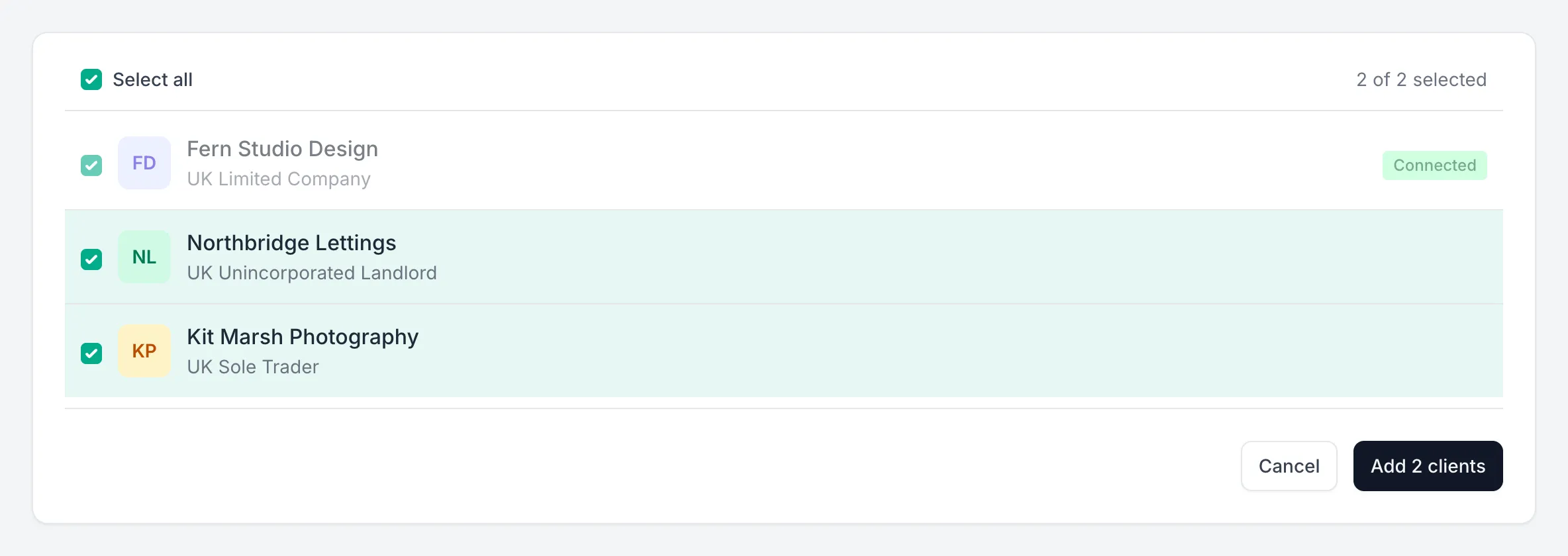 The Add FreeAgent clients page, listing the practice's FreeAgent clients by entity type, with two ticked and one already connected