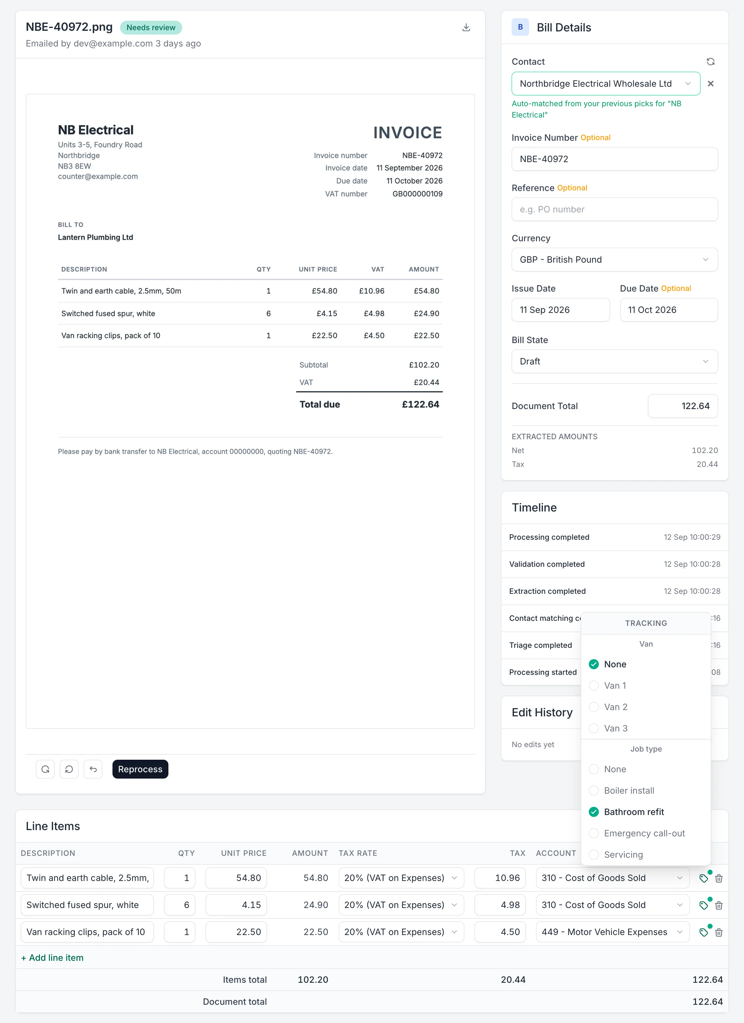 A bill in review, each line coded with an account code, tax rate and tracking category, set to publish to Xero as a draft