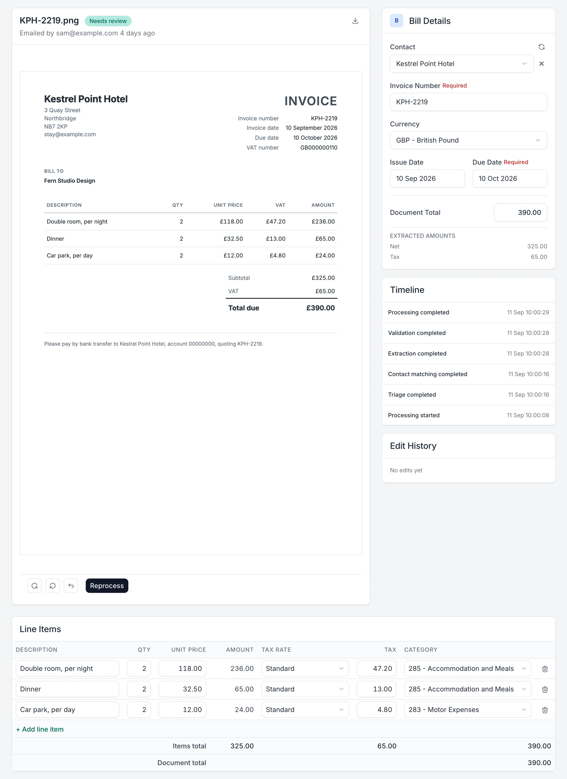 A bill in review, each line with a category and tax rate, ready to publish to FreeAgent