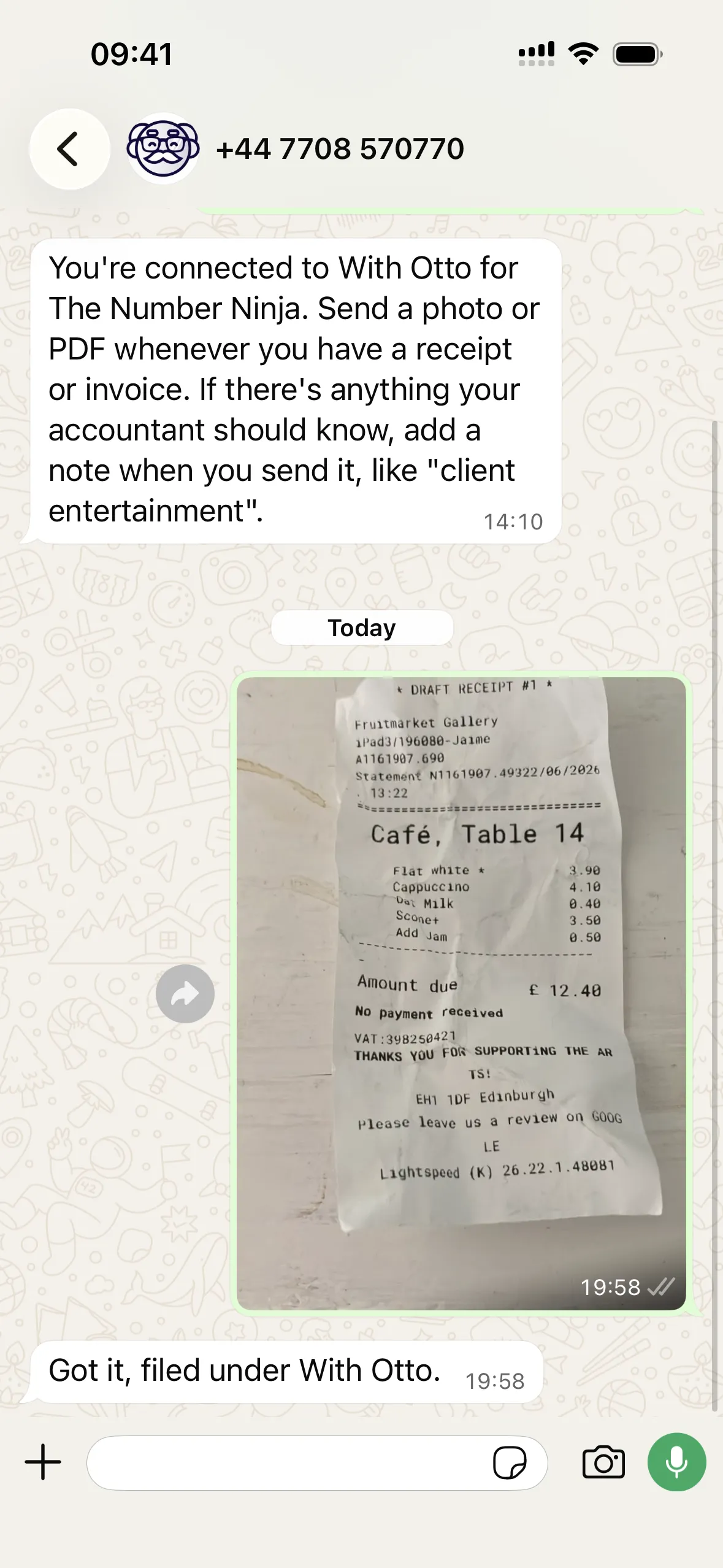 A WhatsApp chat on an iPhone, where a client sends photos of receipts to Otto and Otto replies to confirm each one has been received